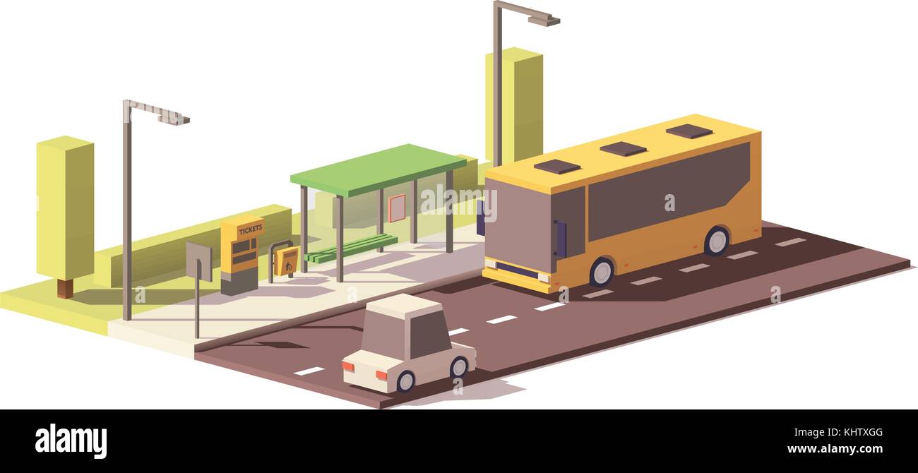 Vector low poly bus and the bus stop Stock Vector