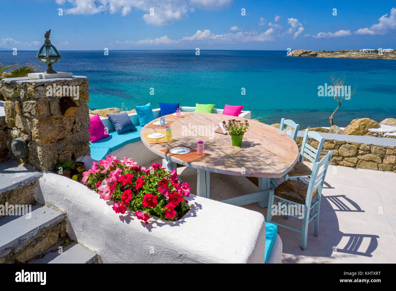 Annas Place, romantic stylish bar and restaurant next to Paradise beach, Mykonos island, Cyclades, Aegean, Greece Stock Photo