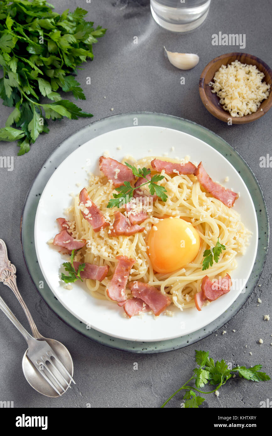 Spaghetti carbonara pasta with egg sauce, bacon and grated parmesan