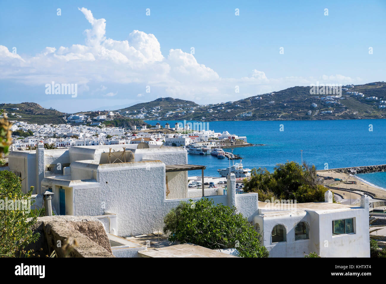 View from typical cyclade houses at new harbour on Mykonos-town, Mykonos island, Cyclades, Aegean, Greece Stock Photo