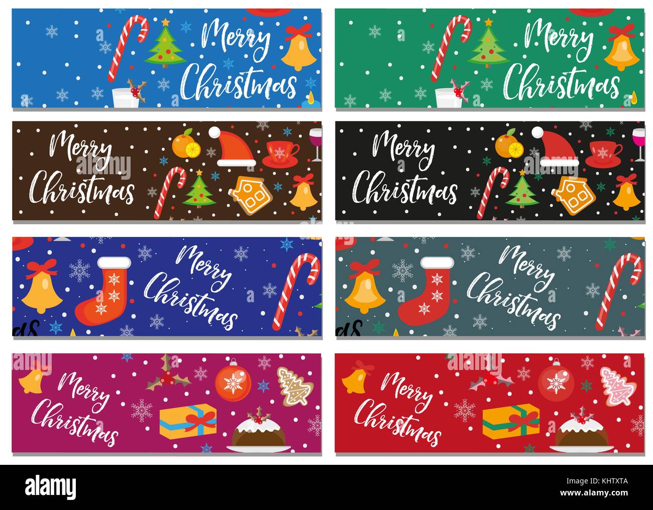 Merry Christmas set of banners, template with space for text for your design. Winter holiday collection long board, poster, flyer. Flat style. Vector illustration. Stock Vector