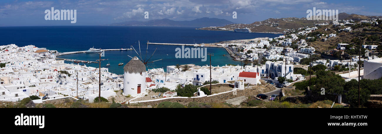 Panoramic view on Mykonos-town, Mykonos island, Cyclades, Aegean, Greece Stock Photo