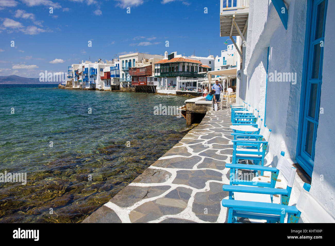 Klein Venedig in Mykonos-Stadt, Little Venice at Mykonos-town, Mykonos island, Cyclades, Aegean, Greece, Stock Photo