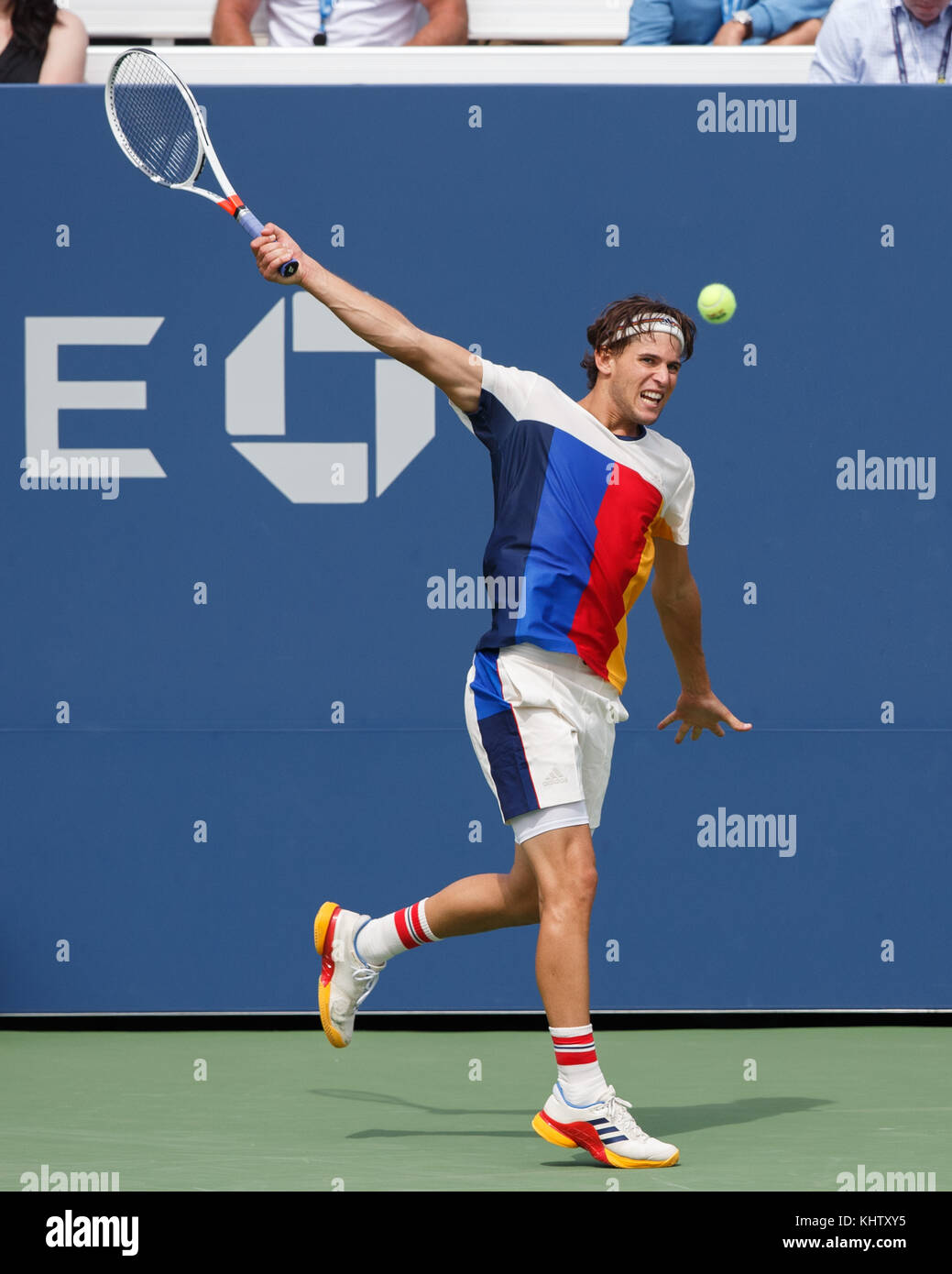 Austrian tennis player DOMINIC THIEM (AUT) plays backhand shot during men's singles match at US Open 2017 Tennis Championship, New York City, New York Stock Photo