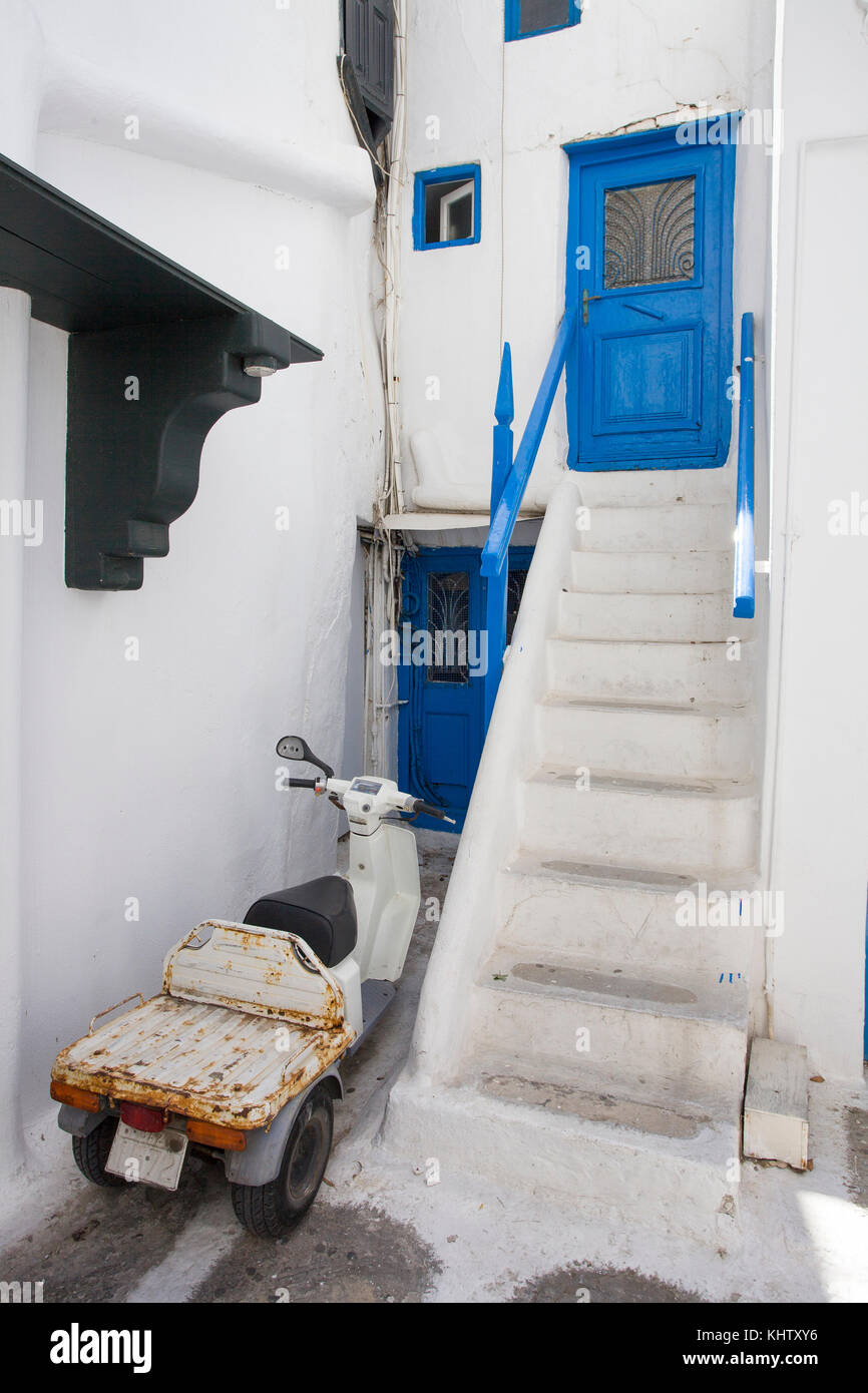 Freight motor tricycle parking at a typical house, Mykonos-town, Mykonos island, Cyclades, Aegean, Greece Stock Photo