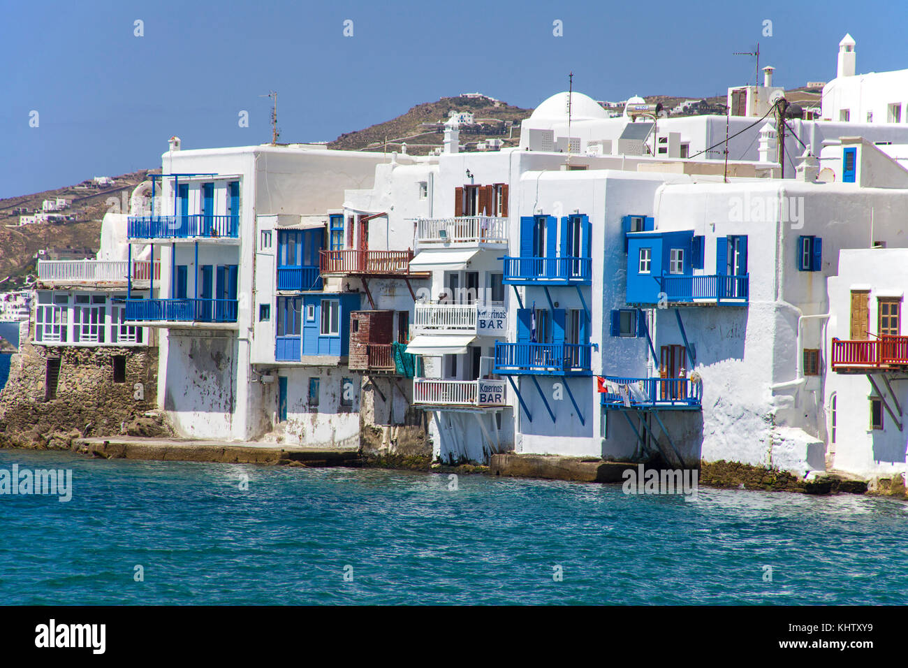 Klein Venedig in Mykonos-Stadt, Little Venice at Mykonos-town, Mykonos island, Cyclades, Aegean, Greece, Stock Photo