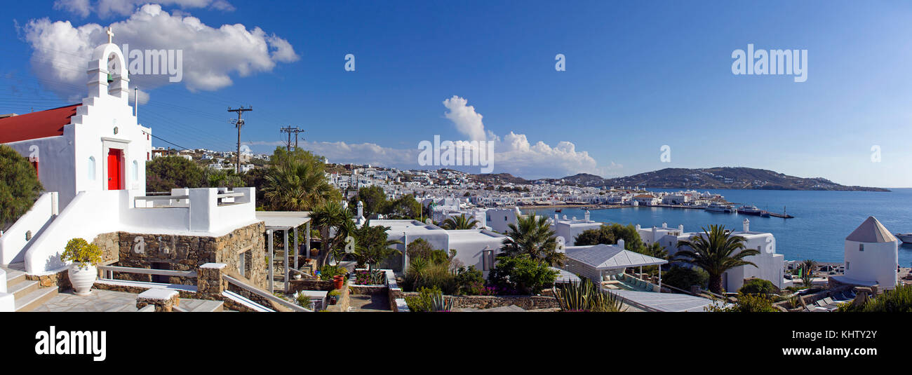 Panoramic view from a small chapel over Mykonos-town, Stock Photo
