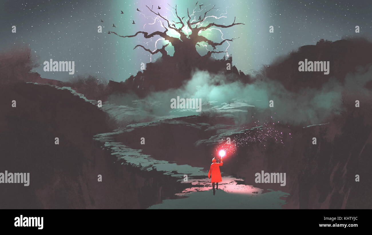 the girl in red hood with magic torch walking on mountain path leading into the fantasy tree, digital art style, illustration painting Stock Photo