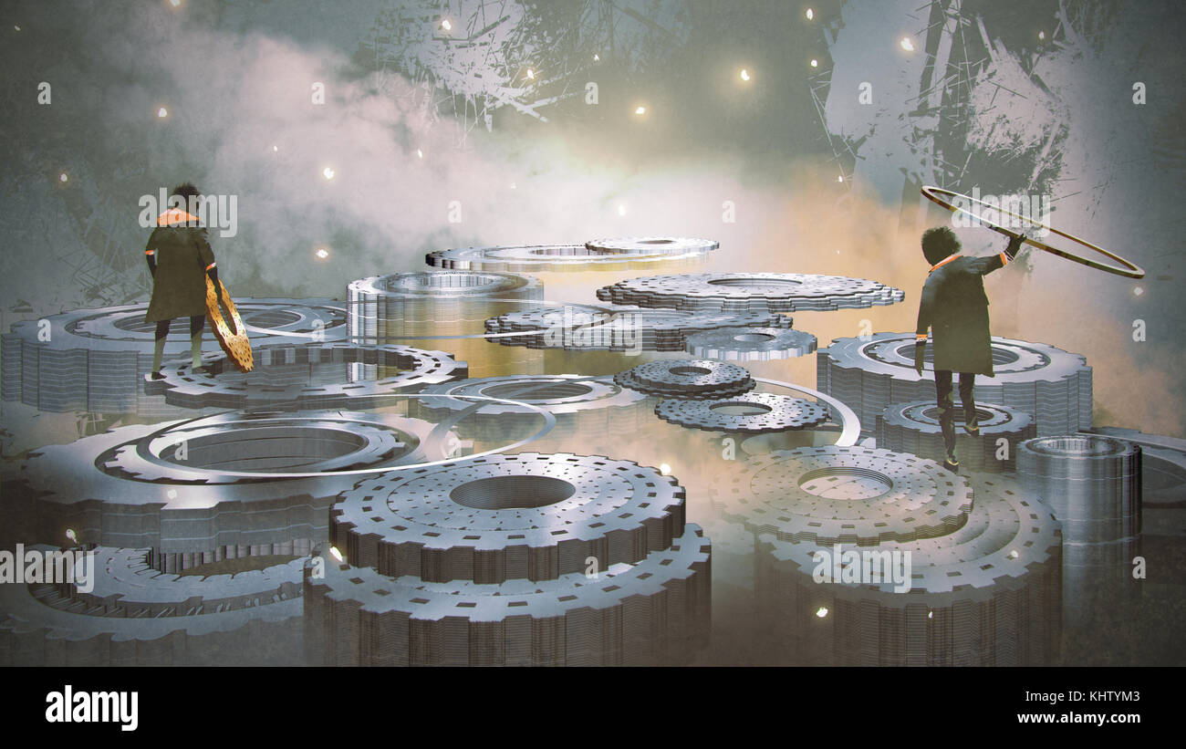 two boys standing on big cogwheel with many gear all around, digital art style, illustration painting Stock Photo