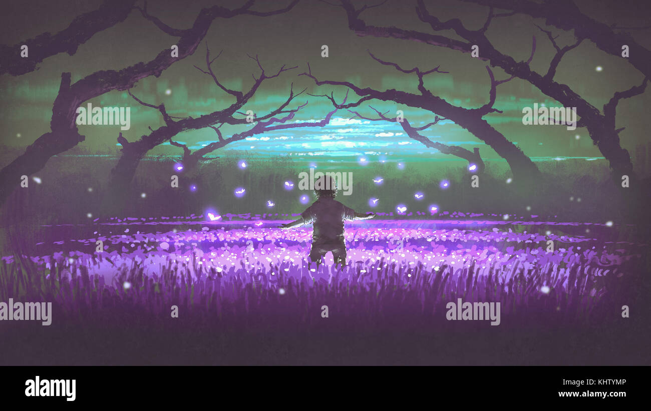 wonderful night scenery showing a boy standing in the garden of purple flowers with glowing insects, digital art style, illustration painting Stock Photo