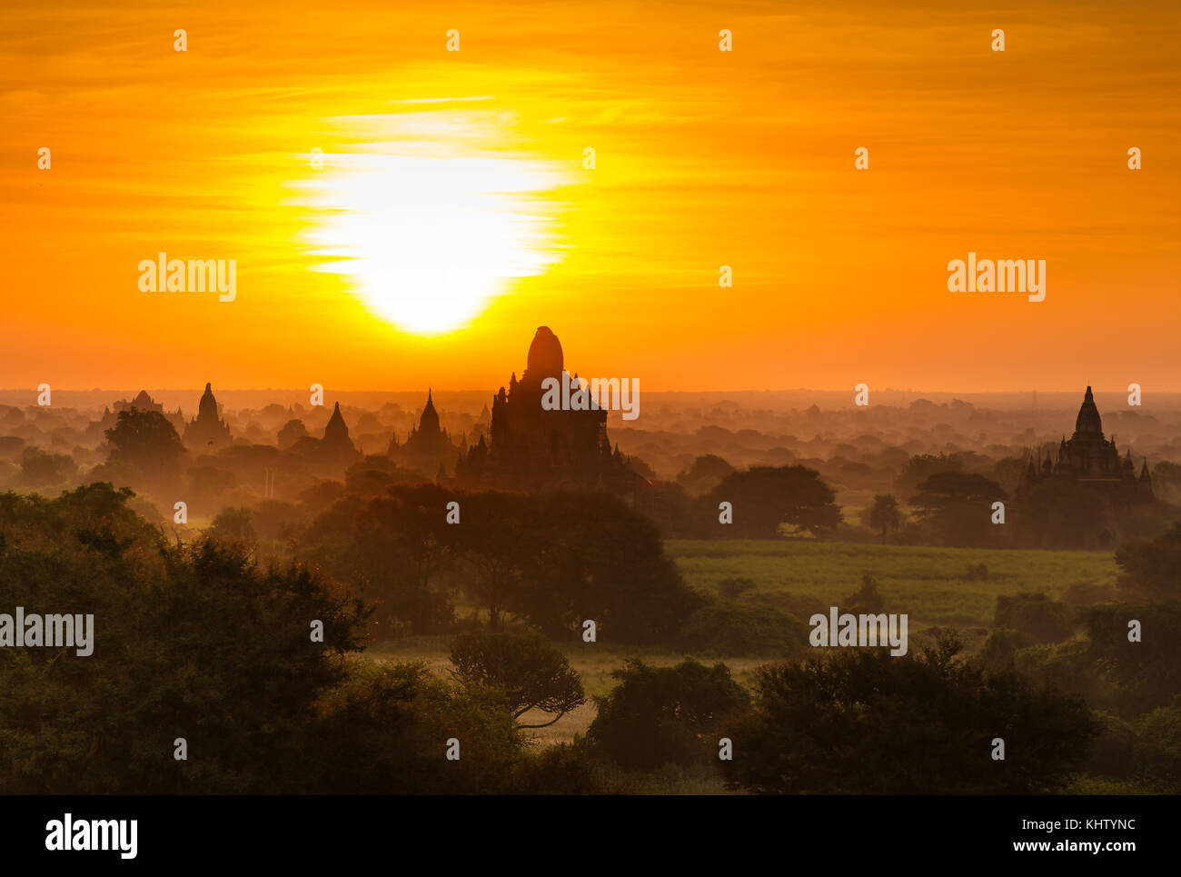 Beautiful sunrise over the ancient pagodas in Bagan, Myanmar Stock Photo