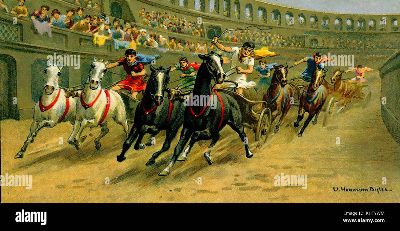 CHARIOT RACE in ancient Rome from a cigarette card about 1910 Stock Photo
