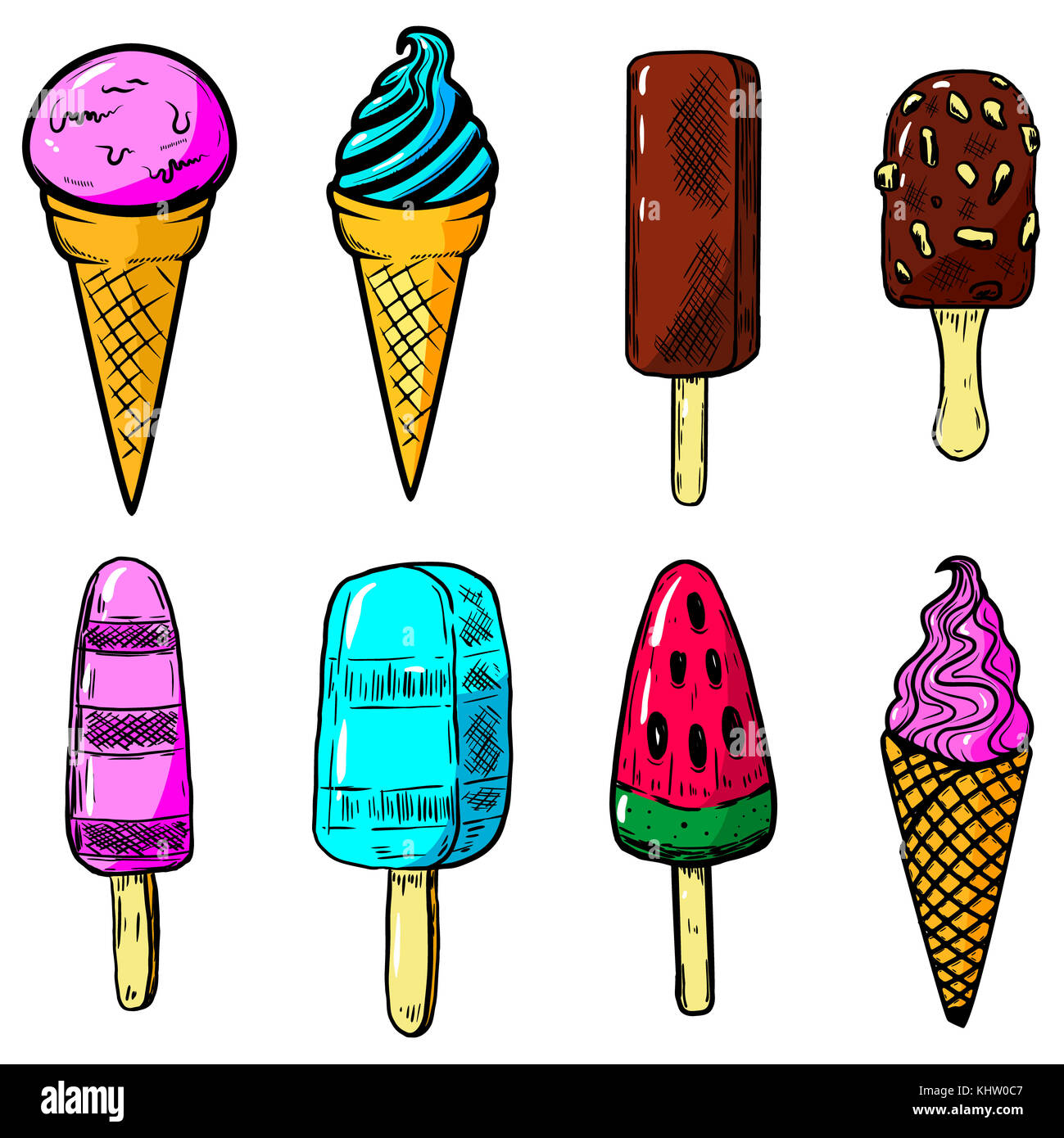 Set of ice cream illustrations. Design elements for poster, card, emblem, sign. Vector illustration Stock Photo