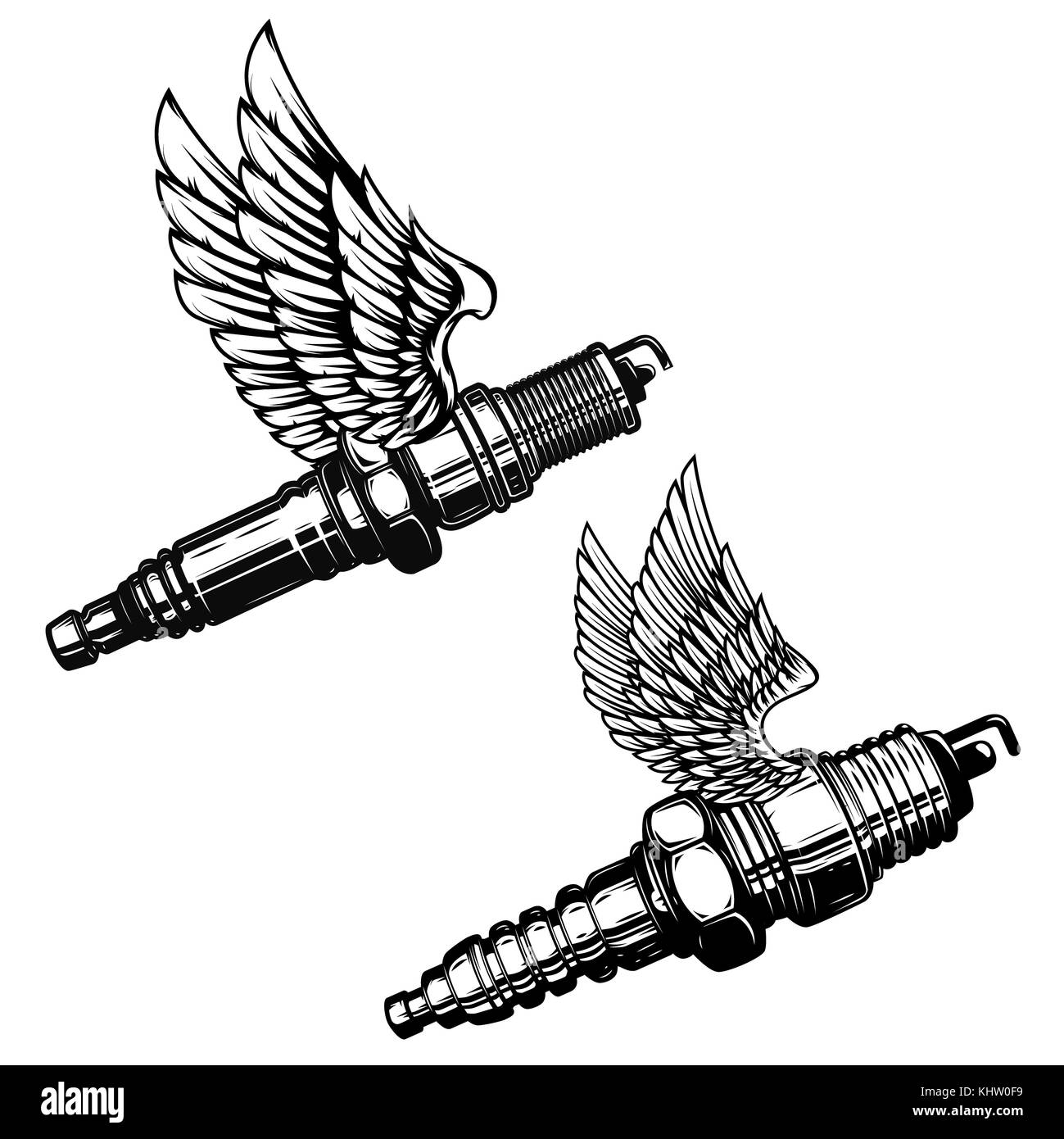 Set of spark plug with wings. Design elements for logo, label, emblem