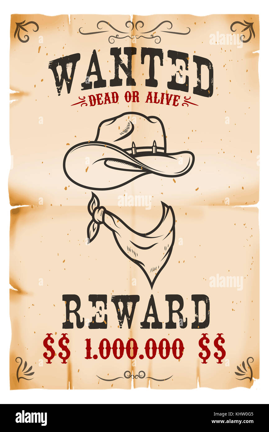 Vintage wanted poster template with old paper texture background. Wild west theme. Vector illustration Stock Photo