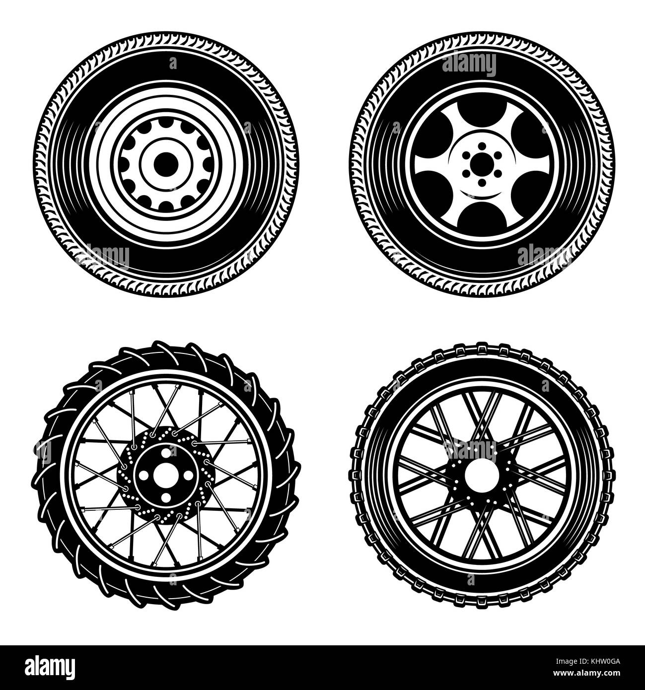 Set of car and motorcycle wheels icons. Design element for logo, label