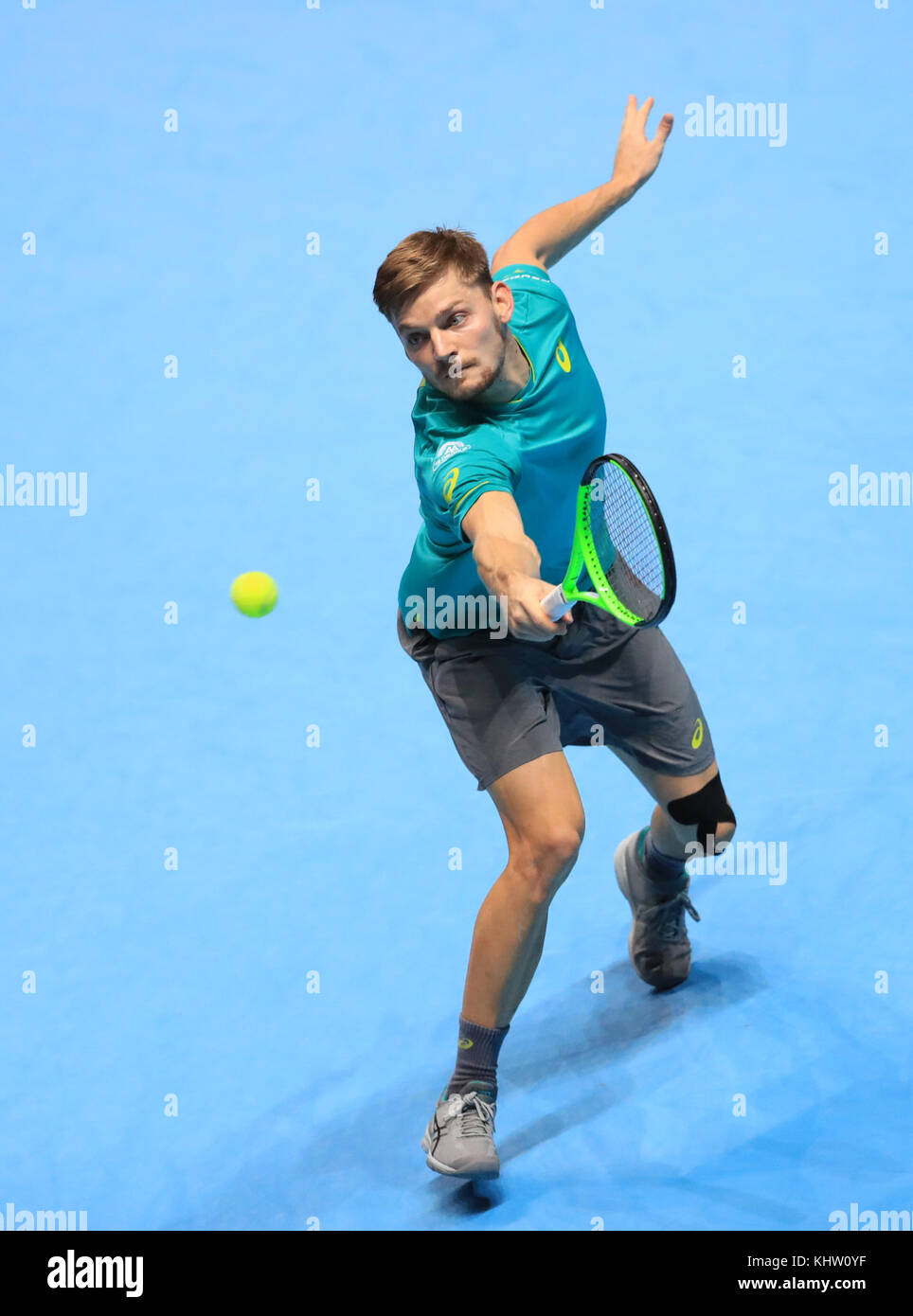 David Goffin in action against Grigor Dimitrov in the Men's Singles Final during day eight of the NITTO ATP World Tour Finals at the O2 Arena, London. PRESS ASSOCIATION Photo. Picture date: Sunday November 19, 2017. See PA story TENNIS London. Photo credit should read: Adam Davy/PA Wire. Stock Photo