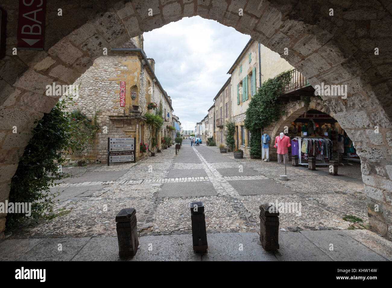 Arches in Monpazier  main square,  Dordogne department, Nouvelle-Aquitaine, France. Stock Photo