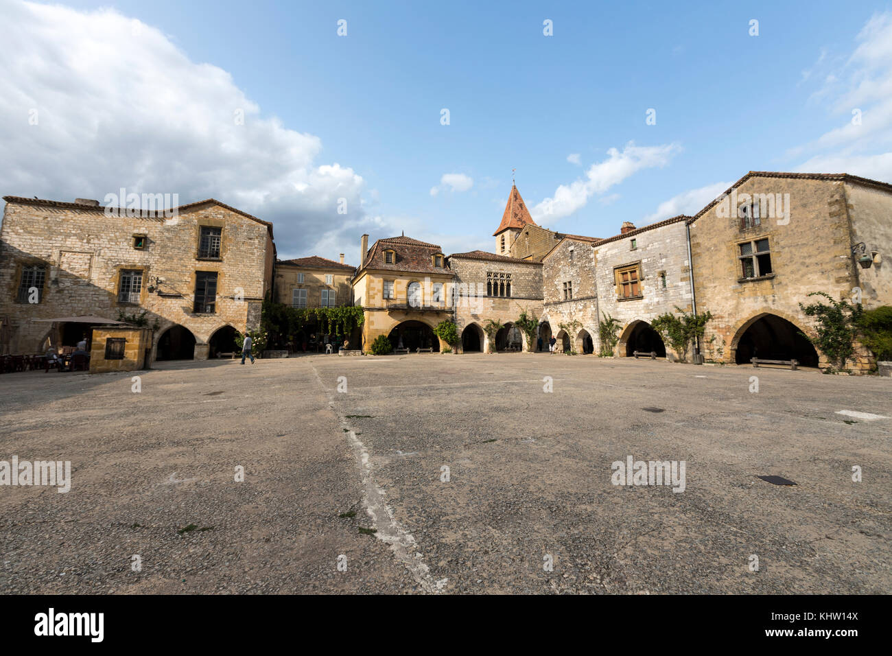 Monpazier  main square,  Dordogne department, Nouvelle-Aquitaine, France. Stock Photo