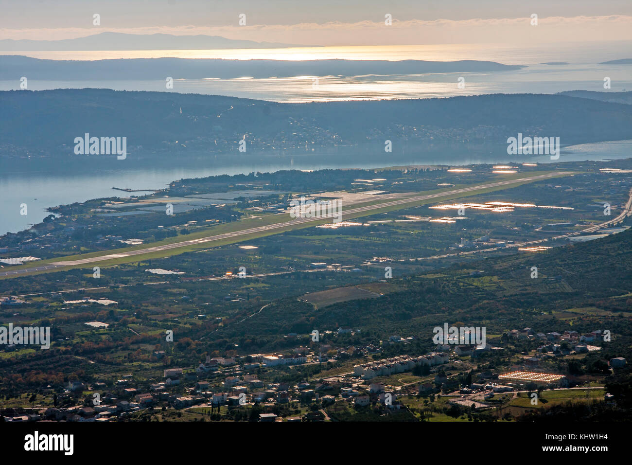 Airport Resnik in Kastela near Split, Croatia, shot from mountain Kozjak Stock Photo