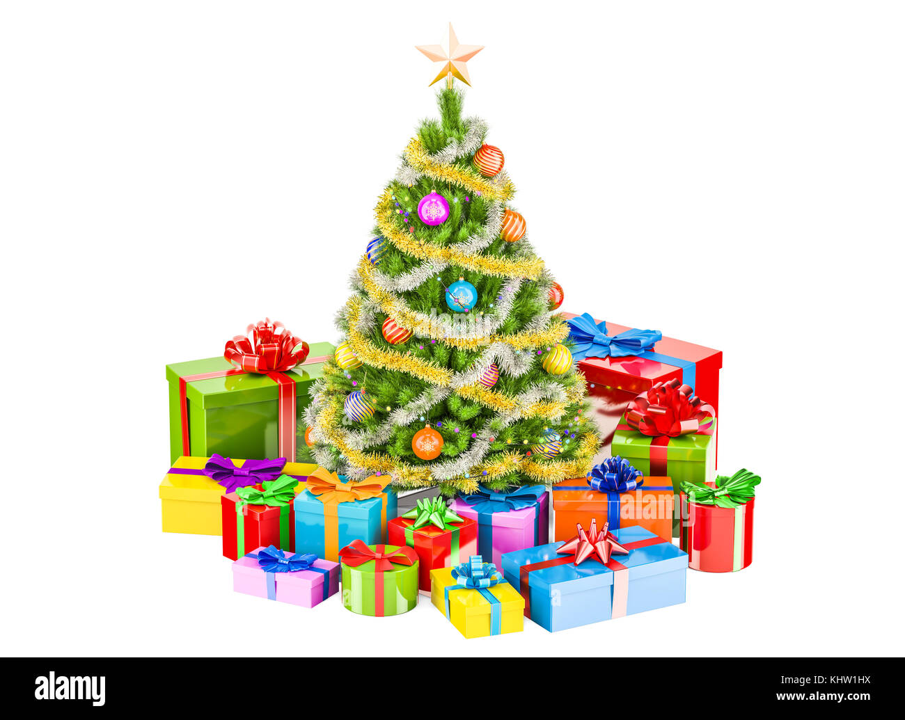 Christmas and New Year holidays concept. Christmas tree and gift boxes ...