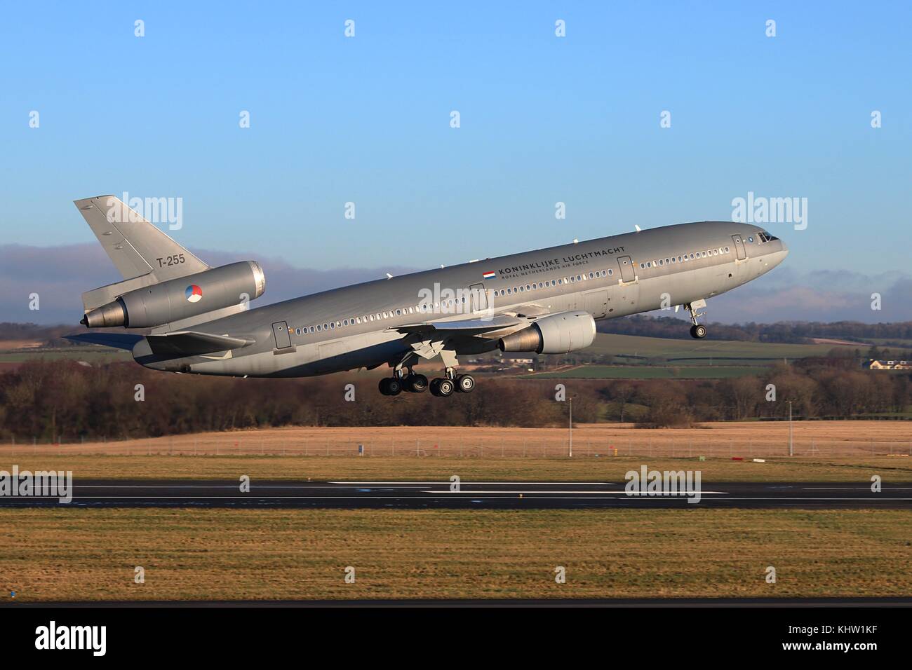 T-255, a McDonnell Douglas KDC-10 operated by the Royal Netherlands Air Force, at Prestwick International Airport in Ayrshire. Stock Photo