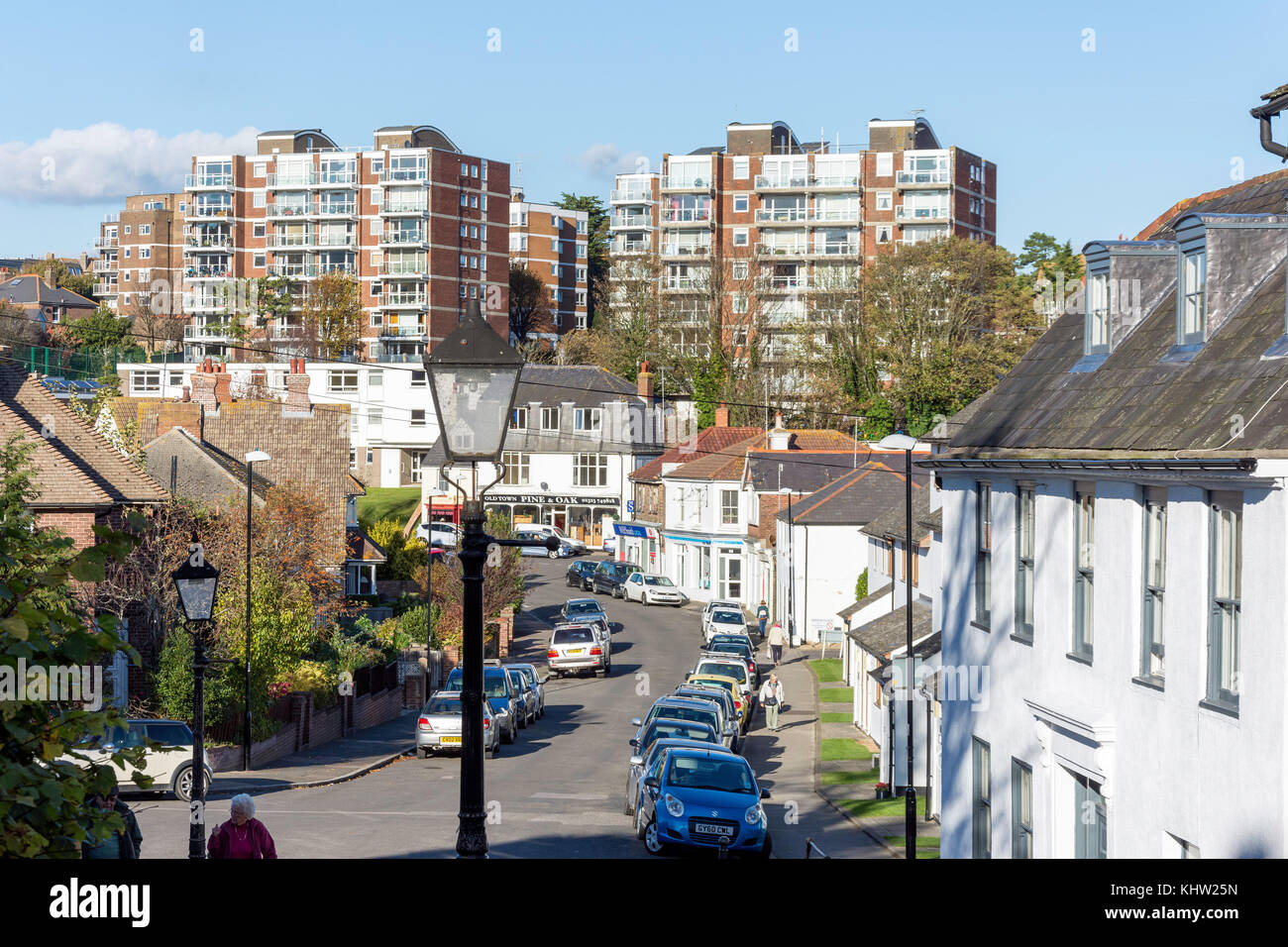 High-rise apartment buildings from Ocklynge Road, Old Town, Eastbourne, East Sussex, England, United Kingdom Stock Photo