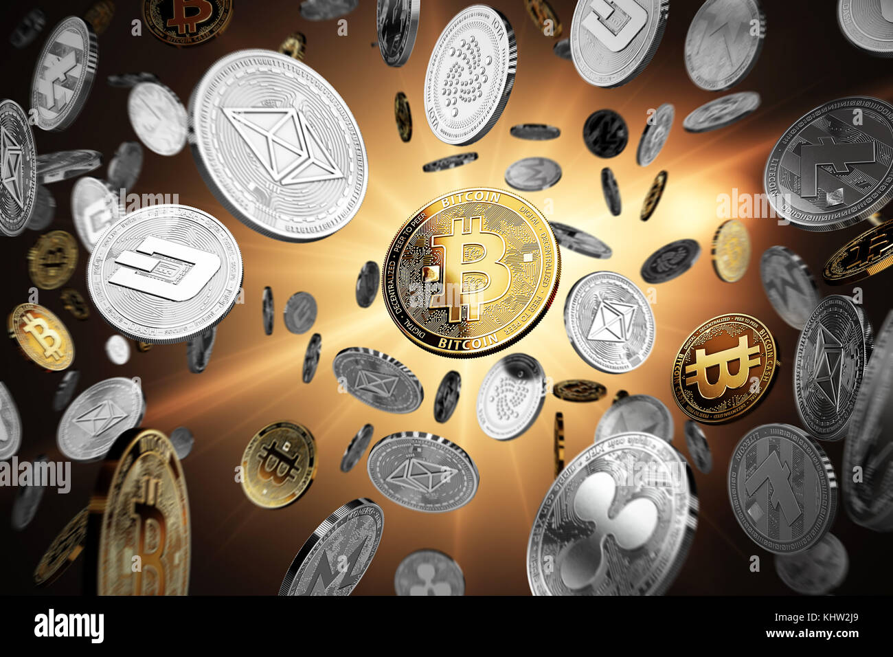 Flying altcoins with Bitcoin in the center as the leader. Bitcoin as most  important cryptocurrency concept. 3D illustration Stock Photo - Alamy