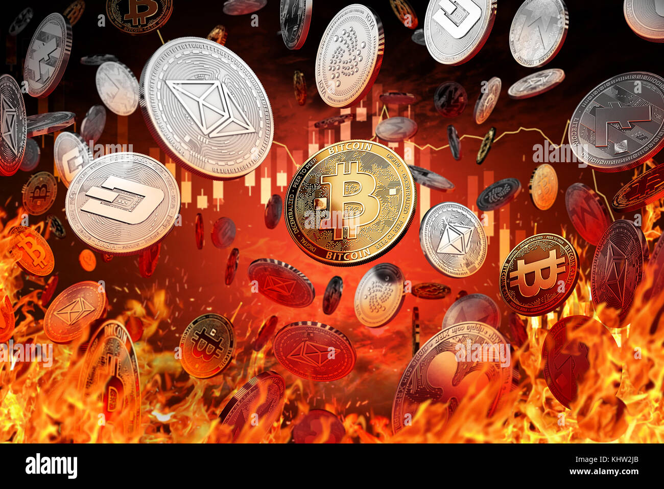 Different cryptocurrency coins are falling into the fire. Decline or market  crash concept. 3D rendering Stock Photo - Alamy