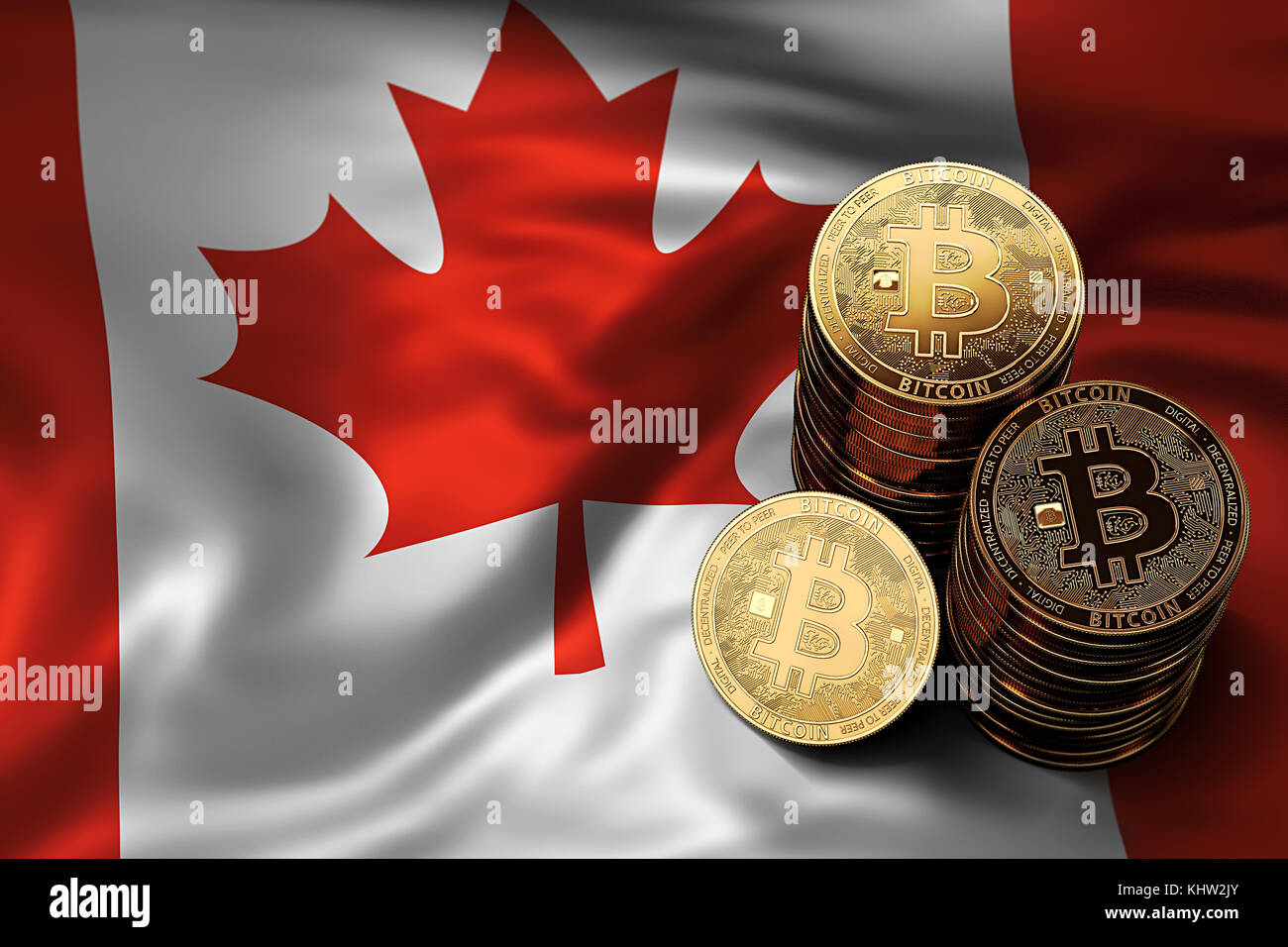 Stack of Bitcoin coins on Canadian flag. Situation of Bitcoin and other  cryptocurrencies in Canada concept. 3D Rendering Stock Photo - Alamy