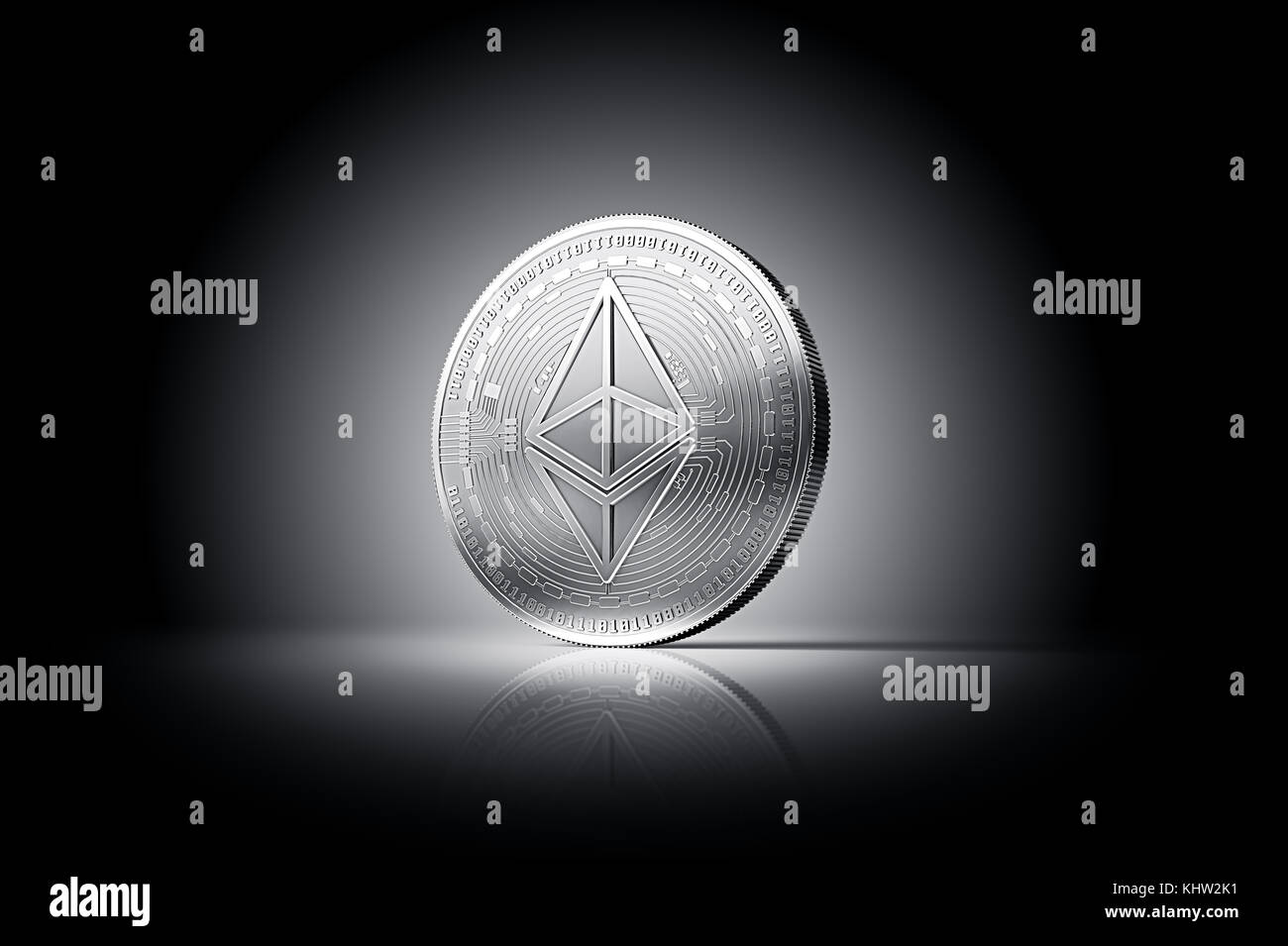 Ethereum (ETH) coin with Ether sign on a gently lit dark background. 3D