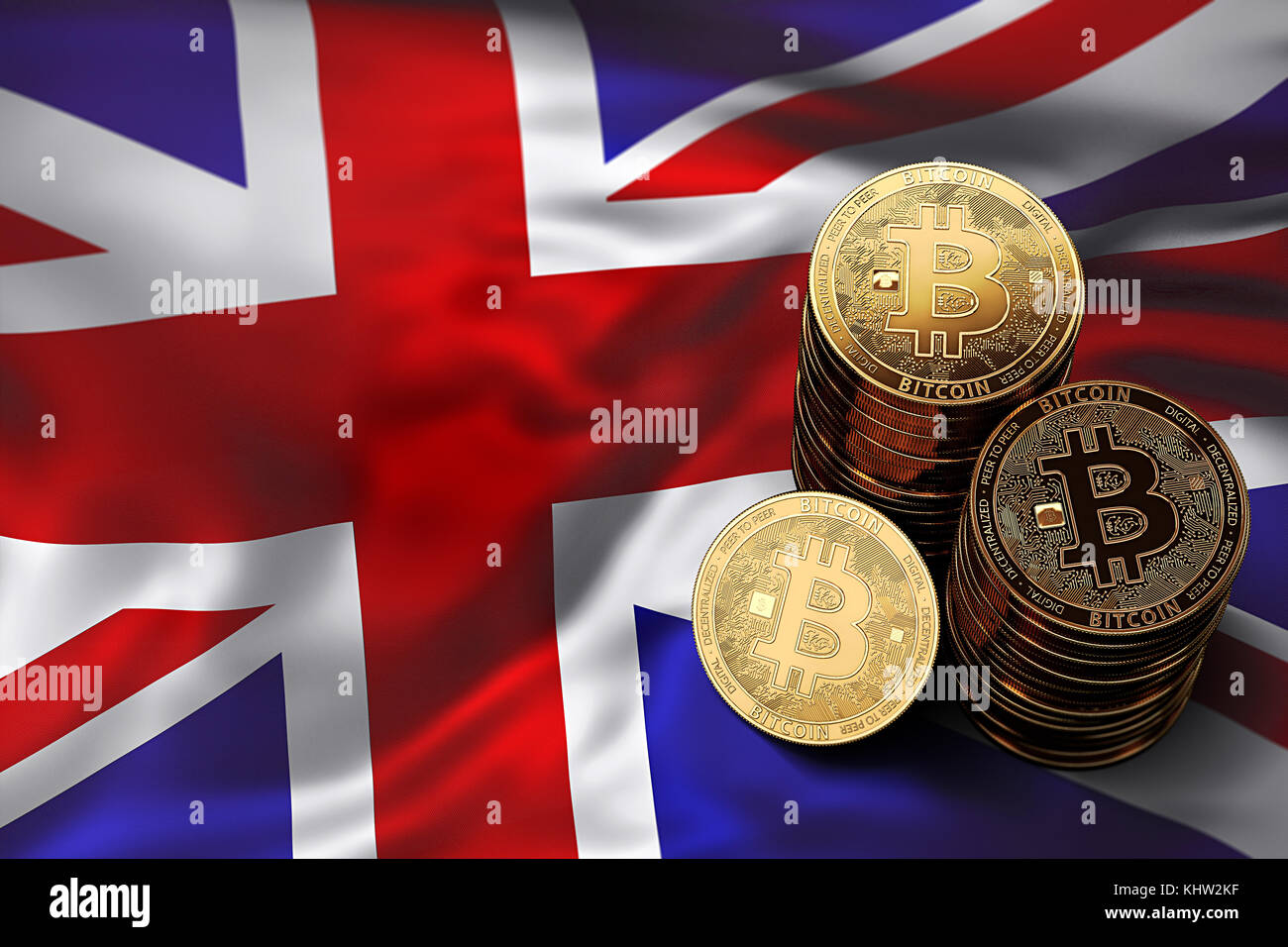 Stack of Bitcoin coins on UK flag. Situation of Bitcoin and other  cryptocurrencies in UK concept. 3D Rendering Stock Photo - Alamy