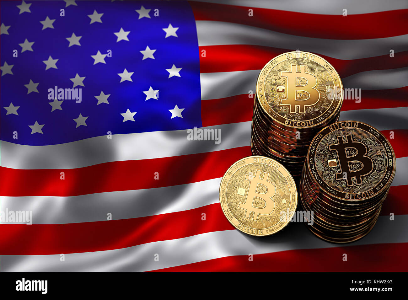 Stack of Bitcoin coins on USA flag. Situation of Bitcoin and other  cryptocurrencies in USA concept. 3D Rendering Stock Photo - Alamy