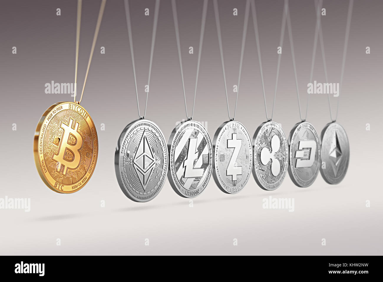 Bitcoin on Newton's cradle boosts and accelerates other cryptocurrencies and back and forth. Cryptocurrencies boosting prices one another concept. 3D  Stock Photo