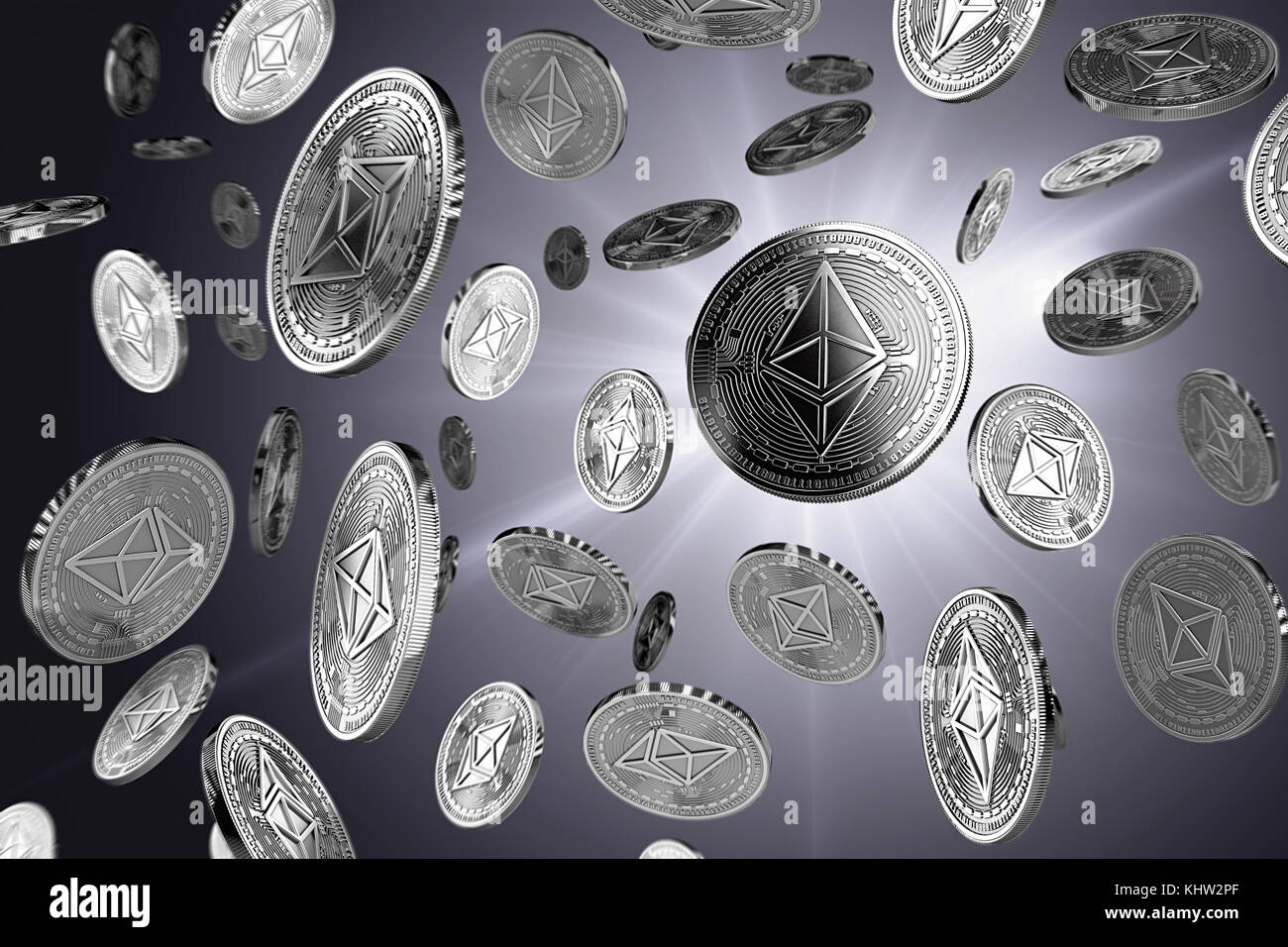 Scattered Ethereum coins on a lighted background. Success and growth concept. Perfect for covers, posters, banners and other advertising projects. 3D  Stock Photo