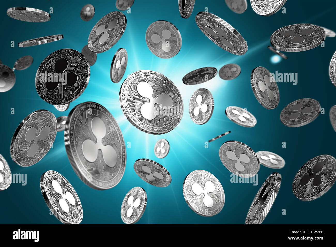 Scattered Ripple coins on a lighted background. Success and growth concept. Perfect for covers, posters, banners and other advertising projects. 3D re Stock Photo