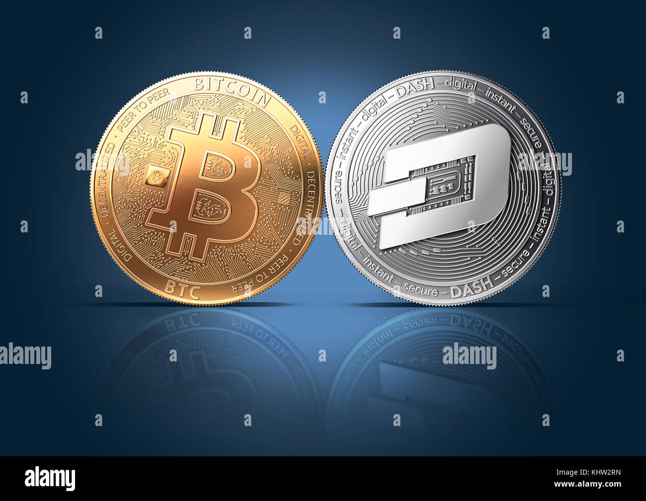 Clash of Bitcoin and Dash coins on a gently lit background with copy space. Competing cryptocurrencies concept. 3D rendering Stock Photo