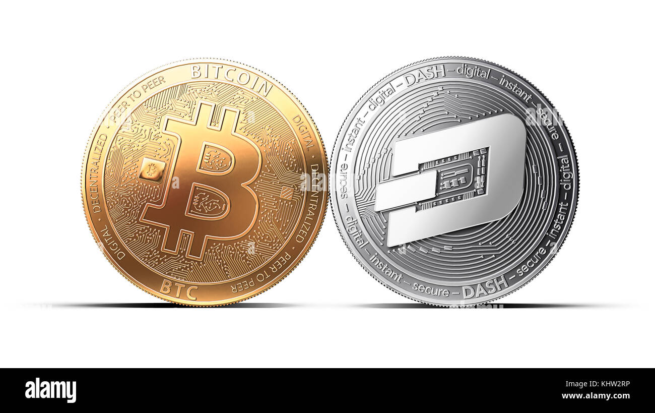 Clash of Bitcoin and Dash coins isolated on white background with copy space. Competing cryptocurrencies concept. 3D rendering Stock Photo