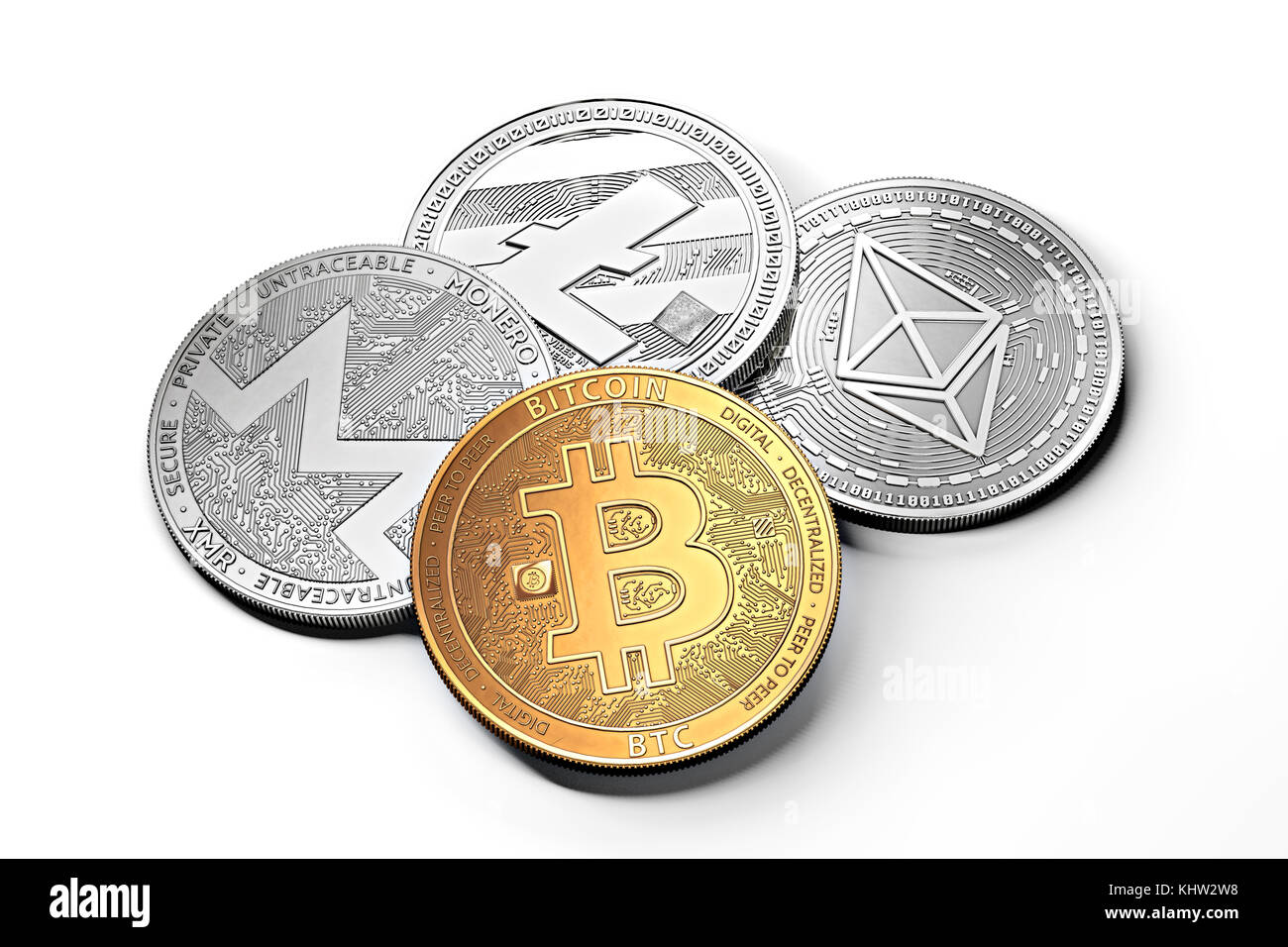 stack of cryptocurrencies: bitcoin, ethereum, litecoin, monero, dash, and  ripple coin together, isolated on white. 3D rendering Stock Photo - Alamy