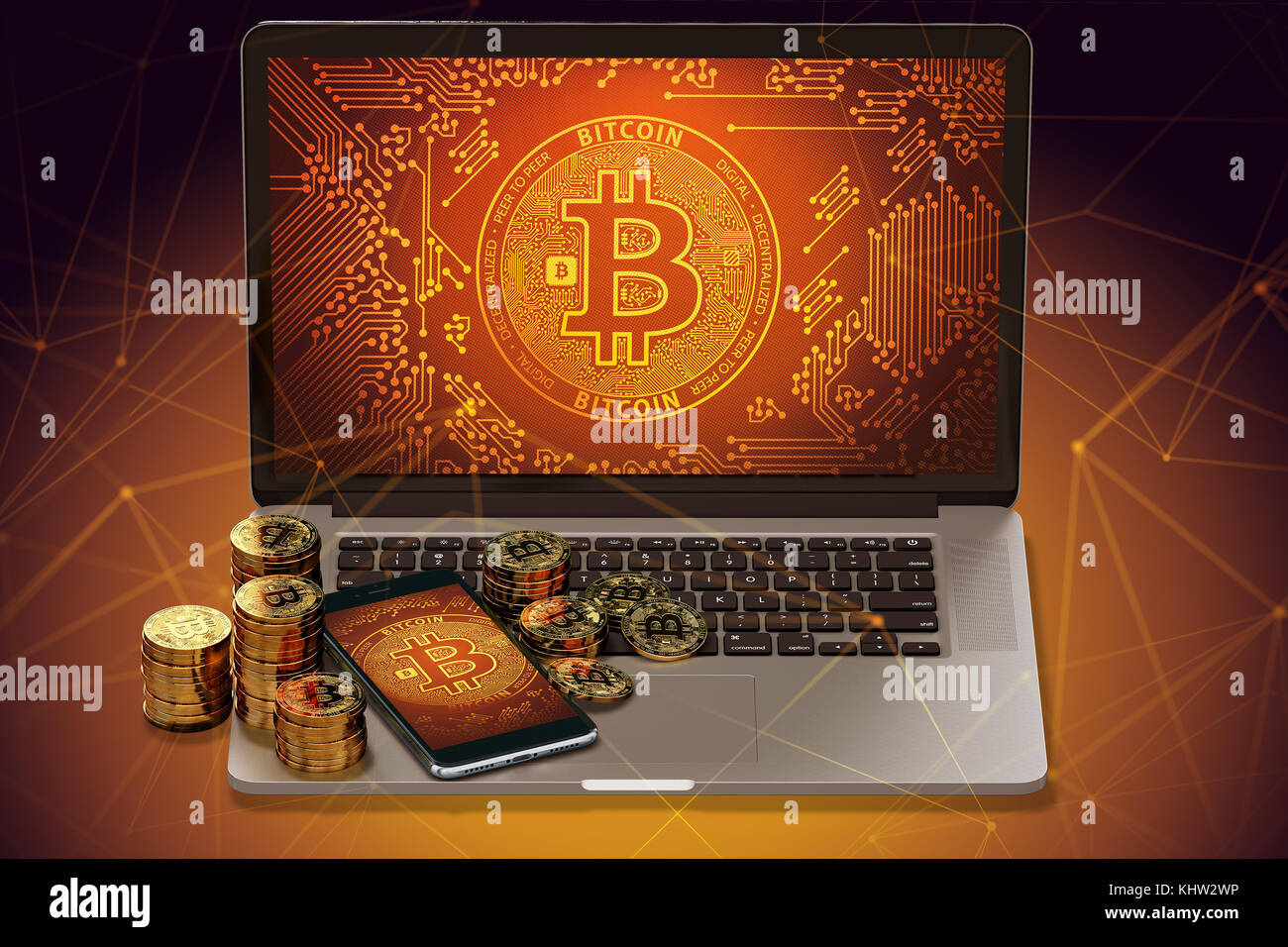 Bitcoin piles laying on laptop with Bitcoin logo on-screen and blockchain nodes all around. Bitcoin blockchain endangered concept. 3D rendering Stock Photo