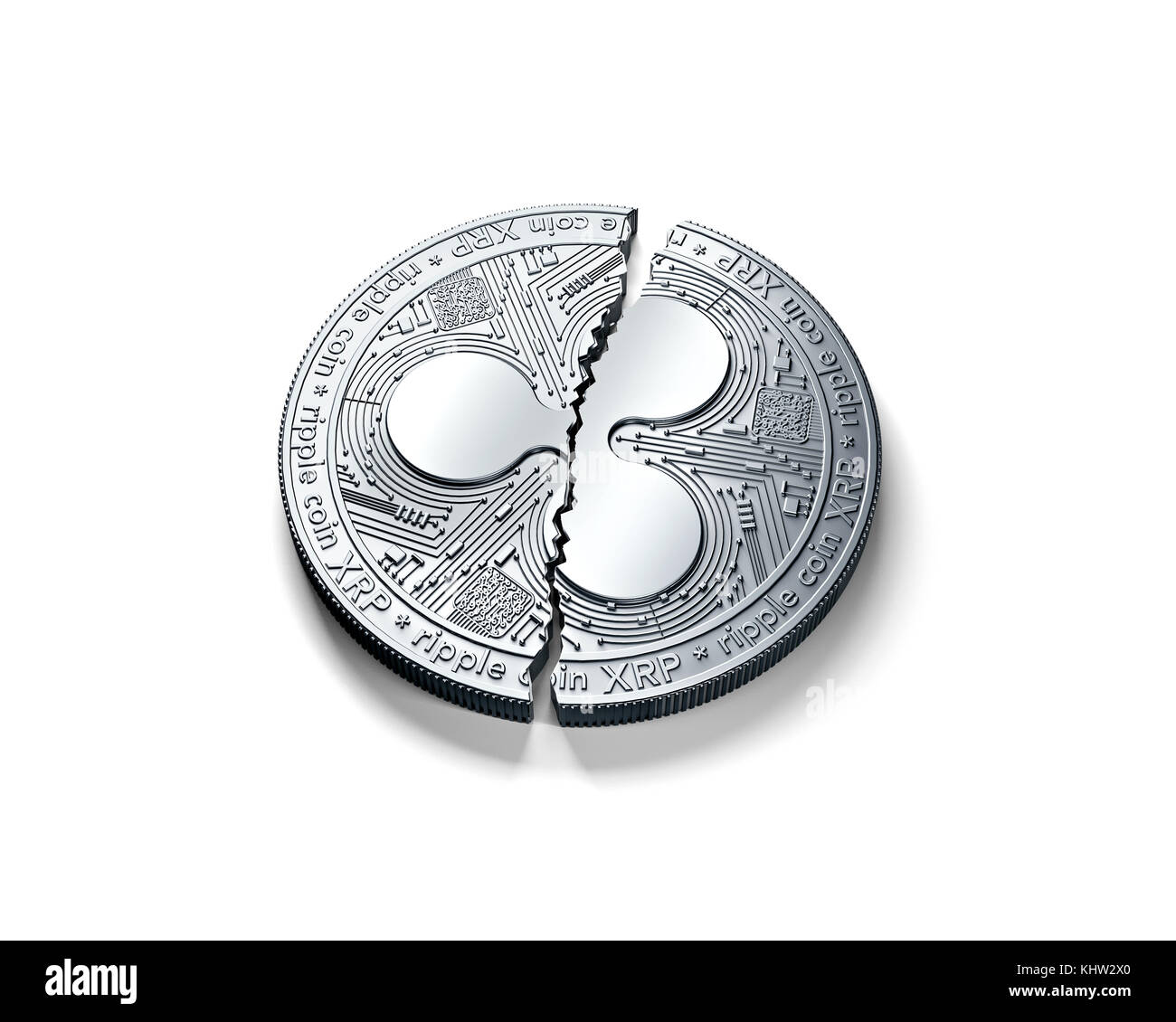 Broken into two pieces silver Ripple coin (XRP) isolated on white background. Cryprocurrency crisis concept. 3D rendering (new virtual money) Stock Photo