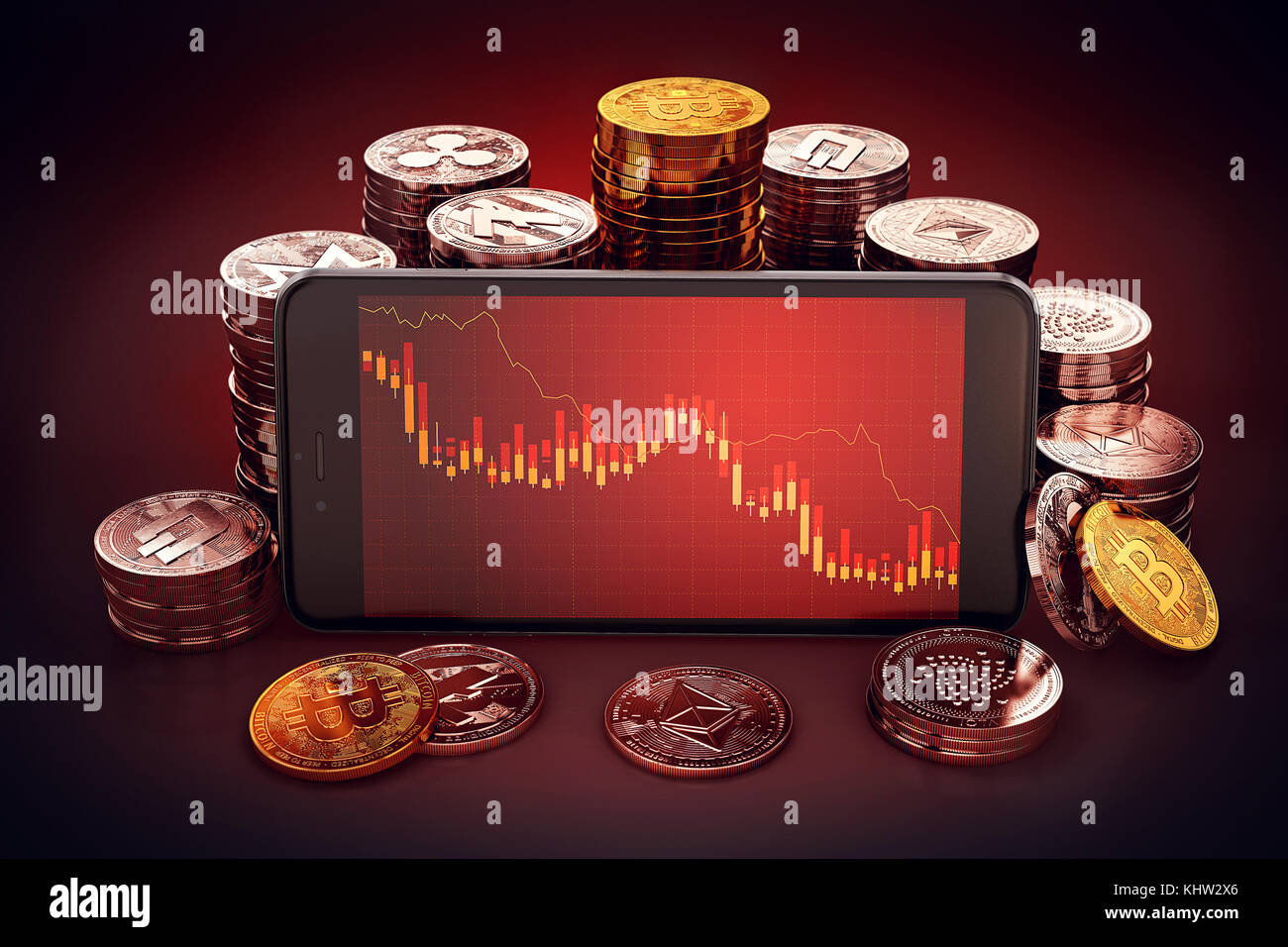 Cryptocurrency decline graph displayed on smartphone screen. Surrounded by different cryptocurrencies piles around. 3D rendering Stock Photo
