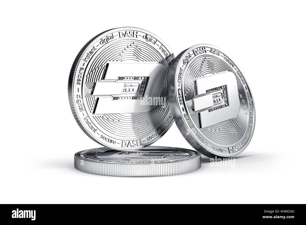 Three Dash concept physical coins isolated on white background. 3D rendering. New virtual money Stock Photo