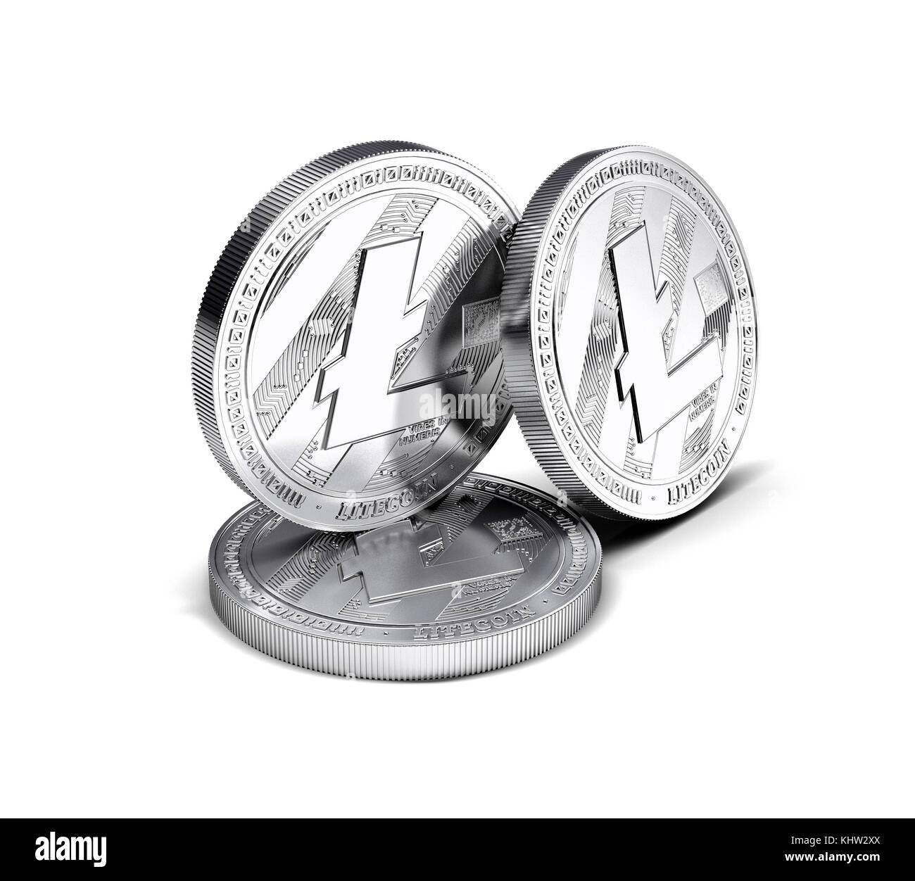 Three Litecoin (LTC) physical concept coins separated on white background. 3D rendering. New virtual money Stock Photo