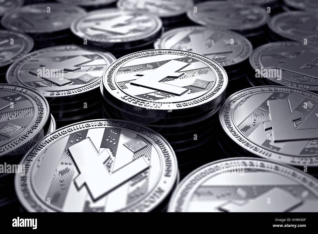 Litecoin coins (LTC) in blurry closeup. New cryptocurrency and modern banking concept. 3D rendering. Stock Photo