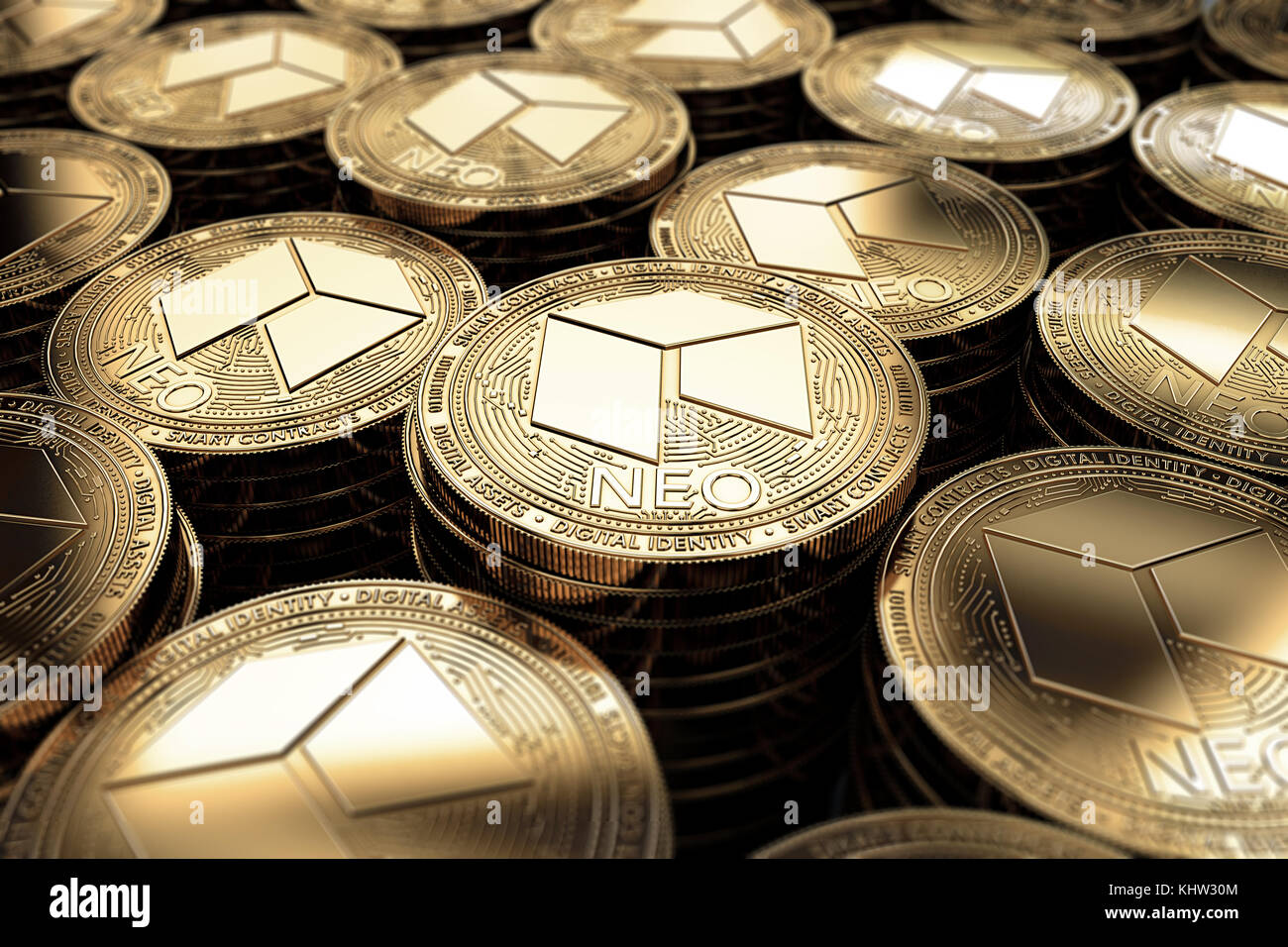 Golden NEO coins in blurry closeup. NEO coin growth concept. 3D rendering  Stock Photo - Alamy