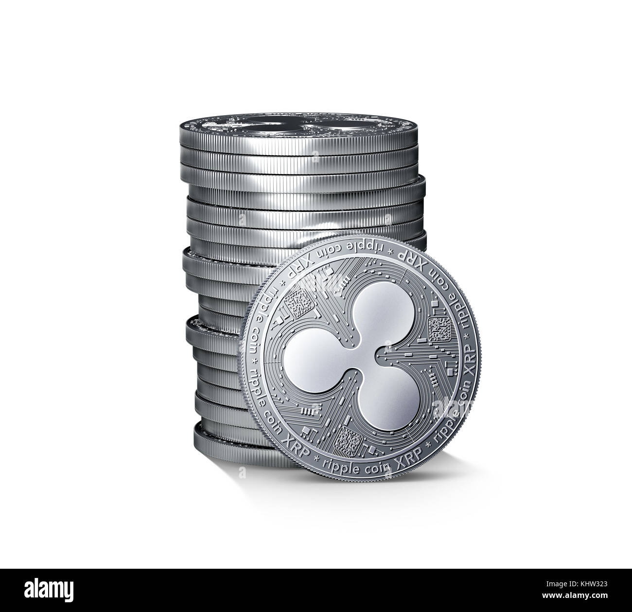 A stack or a pile of silver Ripple coins (XRP) growth concept isolated on white background. New virtual money, 3D render Stock Photo