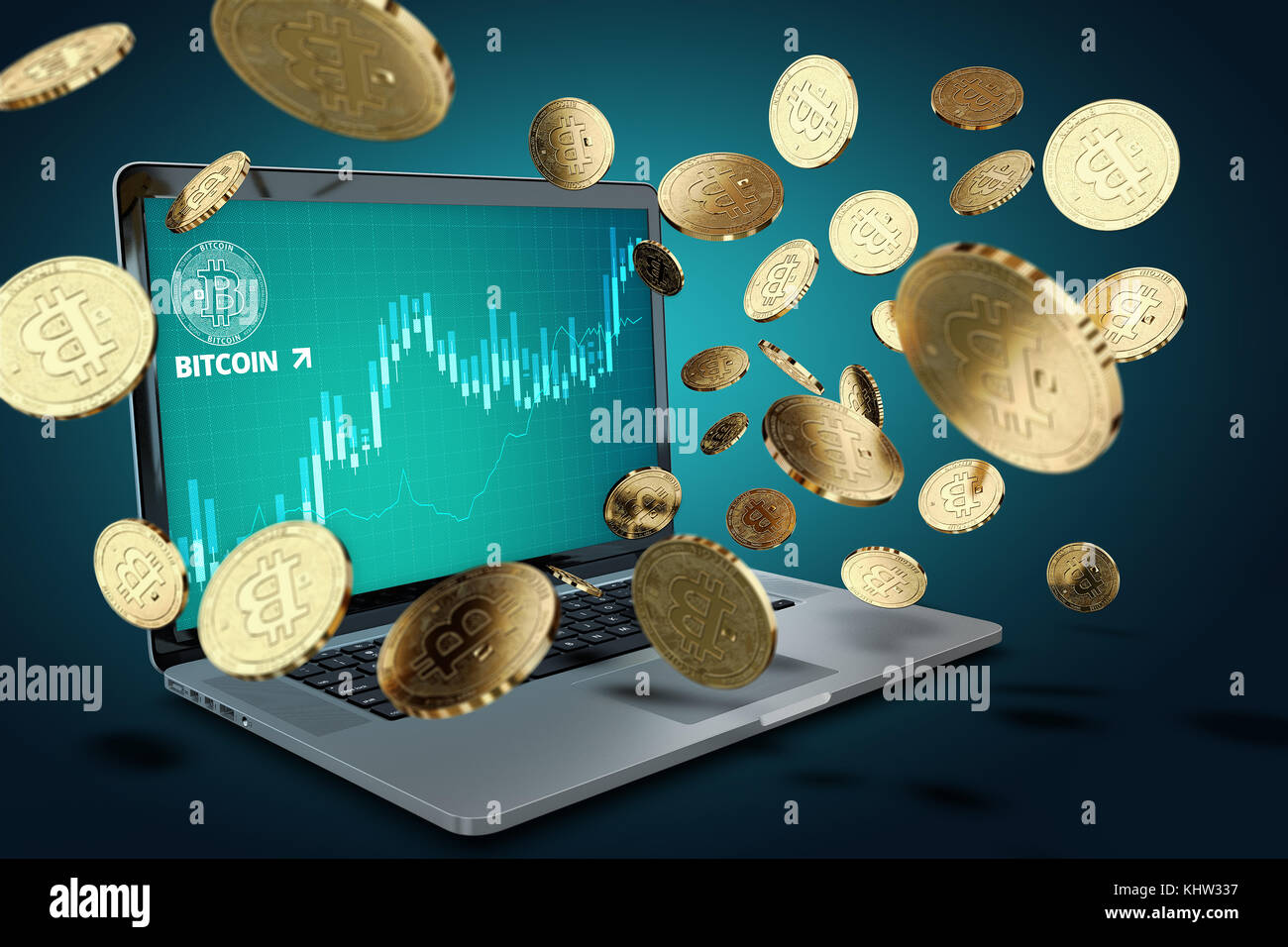 Floating Bitcoin coins against laptop with BTC success chart on-screen. Bitcoin growth concept. 3D illustration Stock Photo