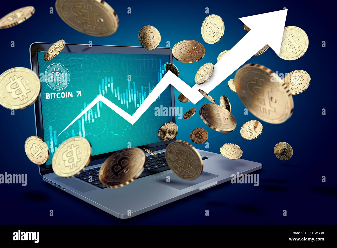 Floating Bitcoin coins against laptop with BTC success chart on-screen and  arrow pointing up. Bitcoin heading 