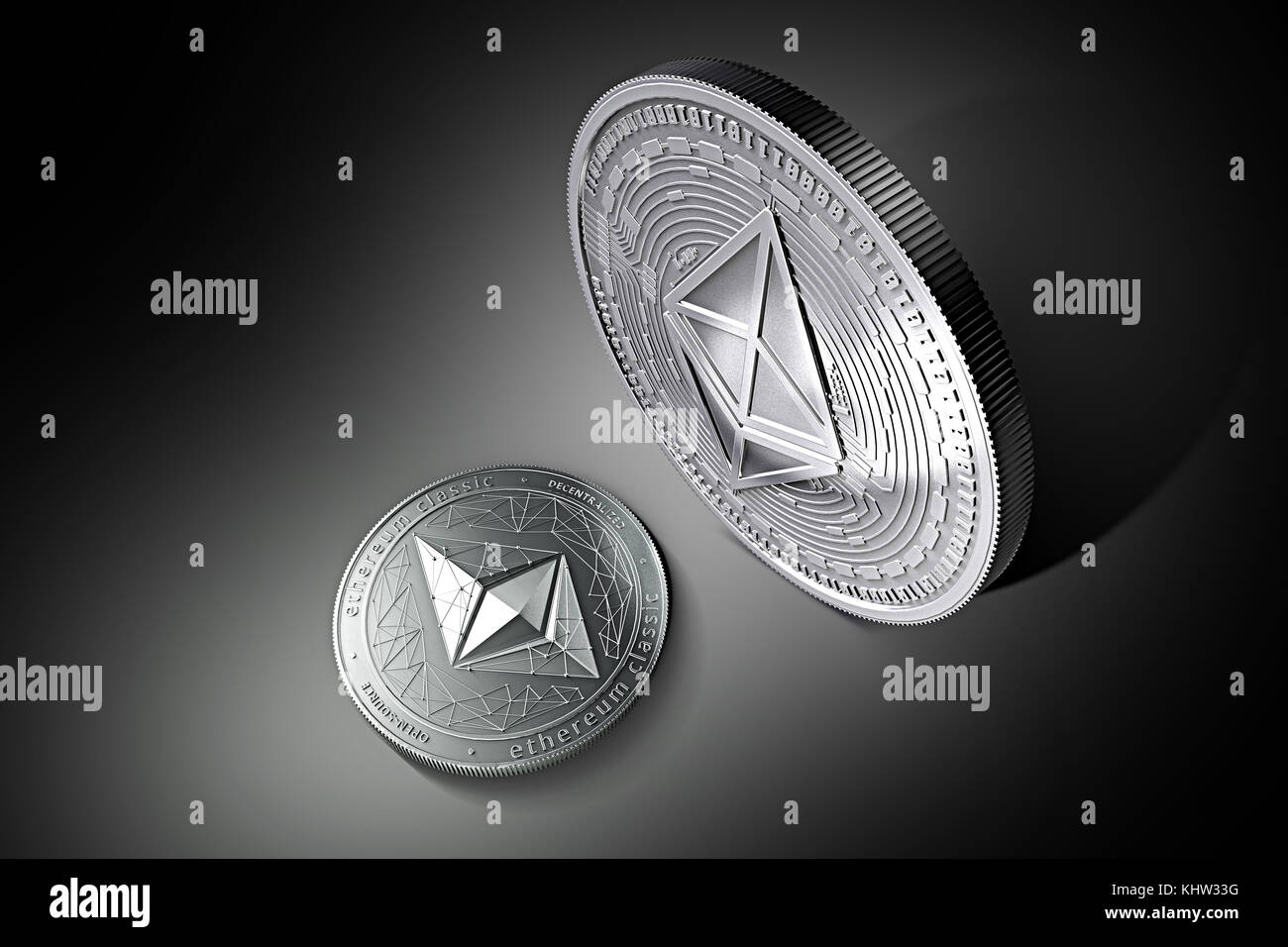Tiny silver Ethereum Classic (ETC) laying on the ground in front of huge silver Ethereum (ETH) coin. Ethereum domination concept. 3D rendering. New vi Stock Photo